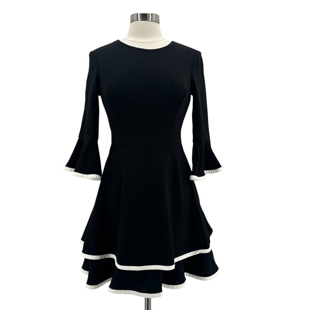 Eliza J Womens 10P Dress Fit N Flare Ponte Layered Bell Sleeve Black White Trim